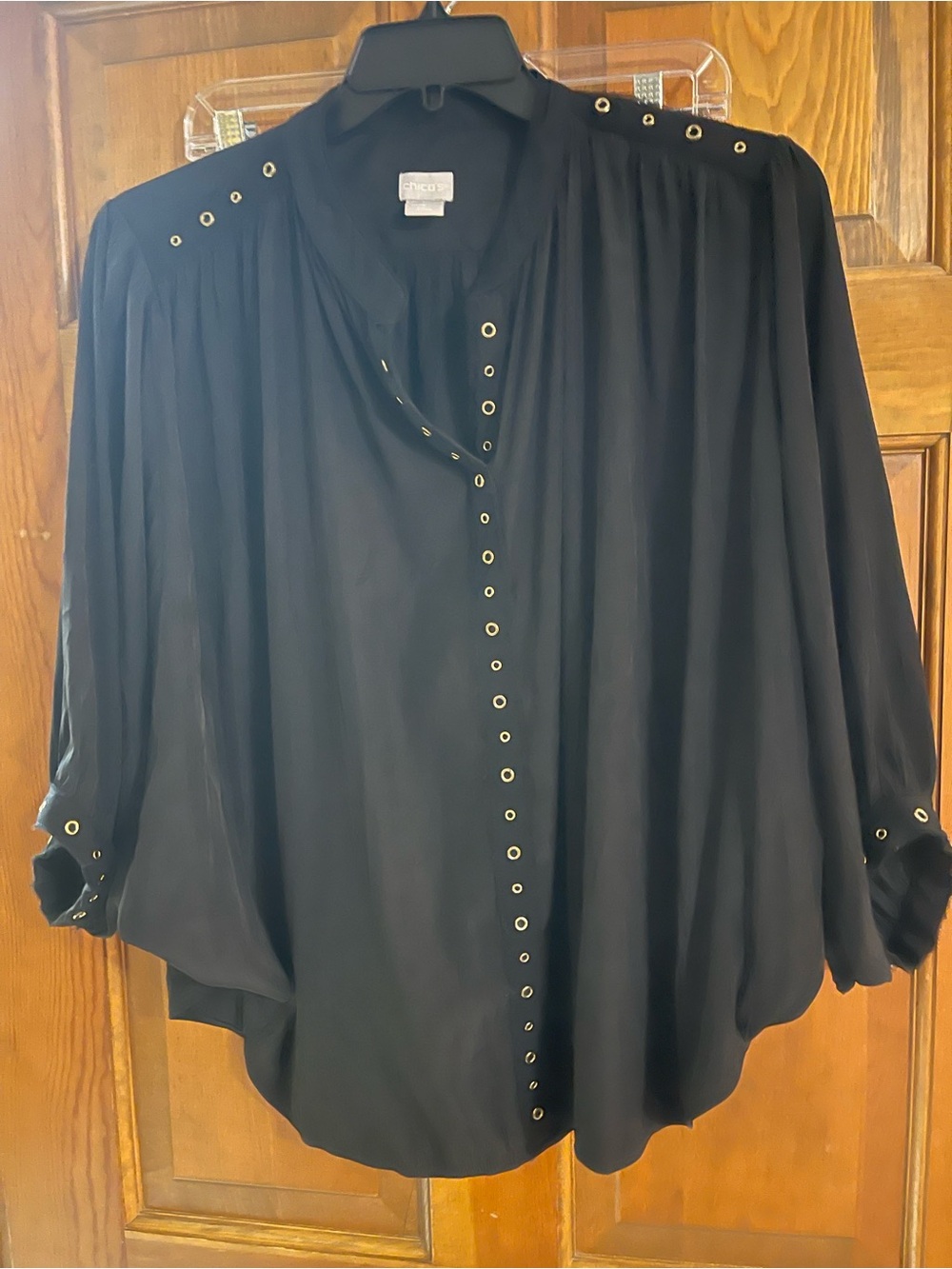 Chico's Black Blouse with Gold-Tone Eyelet Trim
